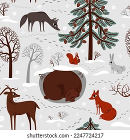 seamless pattern animals in the winter forest