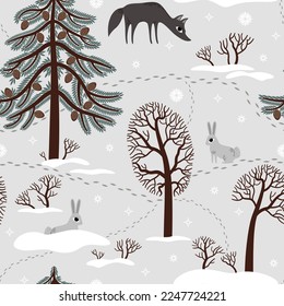 seamless pattern animals in the winter forest
