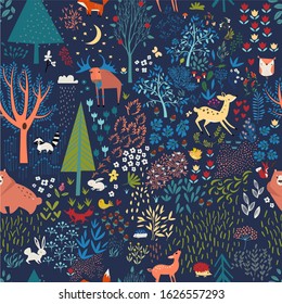 seamless pattern with animals and woodland elements