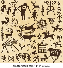 Seamless pattern. Animation image of ancient rock paintings. Drawing on a stone. Set of petroglyphs,mystical symbols, animals, people and gods.Vector illustration. Background - imitation  old paper.
