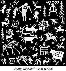 Seamless pattern. Animation image of ancient rock paintings. Drawing on a stone. Set of petroglyphs,mystical symbols, animals, people and gods. Black and white vector illustration.