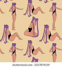 Seamless pattern with Anime cosplay, girl cosplay with anime purple hair. Vector illustration design