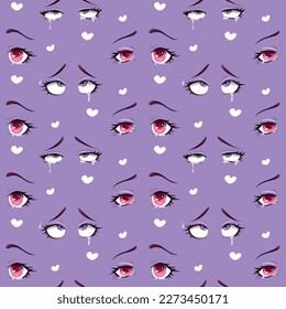Seamless pattern with anime eyes, love look, valentine's day, anime eyes, anime girl eyes, anime eyes PNG, manga, kawaii	