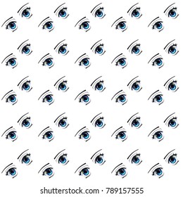 Seamless pattern. Anime eyes on white background.