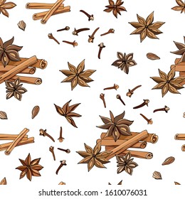 Seamless pattern of anise, cinnamon and cloves on a white background. Vector illustration of spices for winter drinks.