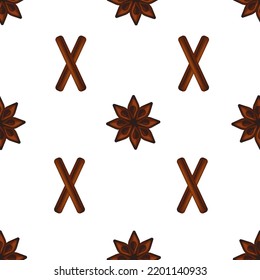 Seamless Pattern With Anise Star And Cinnamon Stick  On White Background. Set With Spices. Spices For Winter Drink.