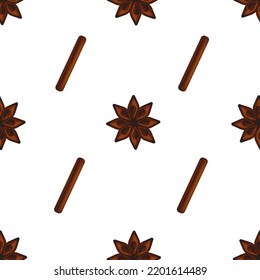 Seamless Pattern With Anise Star And Cinnamon Stick  On White Background. Set With Spices. Spices For Winter Drink.