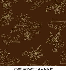 Seamless pattern of anise stars and cinnamon on a brown background. Outline drawing for fabric, tile and paper.