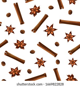 Seamless pattern with anise stars, coffee beans and cinnamon sticks. White and brown colors. New Years themed vector illustration in cartoon style