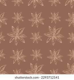 Seamless pattern of anise stars on a backdrop in trendy brown shade. Spicy for coffee or mulled wine