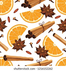 Seamless pattern with anise stars, oranges, cinnamon sticks