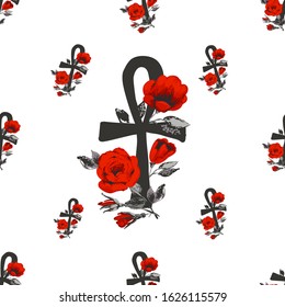Seamless pattern with ankh and red roses. Egypt symbol. Ancient line tracery design. Africa hand drawn vector illustration. Linear black sketch on white background.
