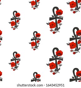 Seamless pattern with ankh and red roses. Egypt symbol. Ancient line tracery design. Africa hand drawn vector illustration. Linear black sketch on white background.