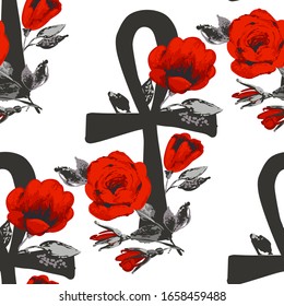 Seamless pattern with ankh and red roses. Egypt symbol. Ancient line tracery design. Africa hand drawn vector illustration. Linear black sketch on white background.