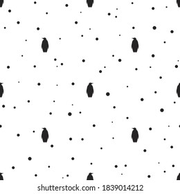 seamless pattern with antarctic penguins and snow flakes. black standing pinguin ornament on white. Winter Christmas wallpaper. Vector illustration. 