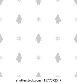 seamless pattern with antarctic penguins and snowflakes. grey standing pinguin ornament with snow on white. Winter Christmas wallpaper. Vector illustration. 