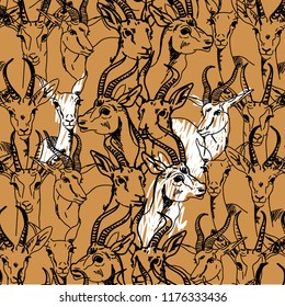 Seamless pattern with antelope. Jeyran. Animals are africa. Stylish drawing. Pattern with animals. Ethnic background. Drawing by hand.