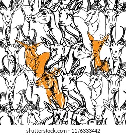 Seamless pattern with antelope. Jeyran. Animals are africa. Stylish drawing. Pattern with animals. Ethnic background. Drawing by hand.
