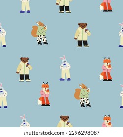 Seamless pattern with Anthropomorphic  animal characters with phones. Bunny, fox, squirrel and bear