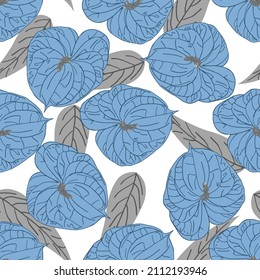 Seamless pattern with anthurium flowers and leaves. Tropical exotic plant repeat pattern with blue flower and grey leaf. Great for fabric, surface, wallpaper, summer concept of backdrop.