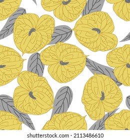 Seamless pattern with anthurium flowers and leaves. Tropical exotic plant repeat pattern with yellow flower and grey leaf. Great for fabric, surface, wallpaper, summer concept of backdrop.