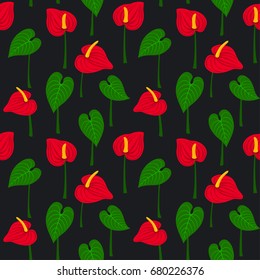 seamless pattern with anthurium flowers and leaves. floral repeat texture