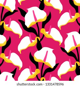 Seamless pattern with anthurium flowers on pink background. Can be used for printing on fabric and paper and other surfaces.