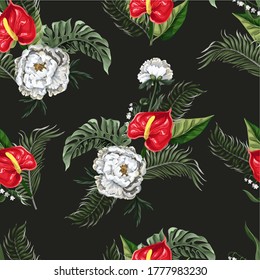 Seamless pattern with anthurium, tropical leaves  and white peonies. Vector.