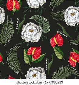 Seamless pattern with anthurium, tropical leaves  and white peonies. Vector.