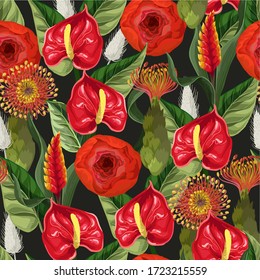 Seamless pattern with anthuriums and tropical leaves. Vector.