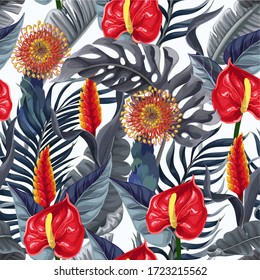 Seamless pattern with anthuriums and tropical leaves. Vector.