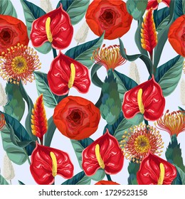 Seamless pattern with anthuriums and tropical leaves. Vector.