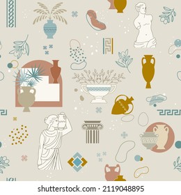 Seamless pattern of antique ancient Greek statues, jugs, amphorae, vases and column capitals. Vector abstract background with elements of Greek ornament.