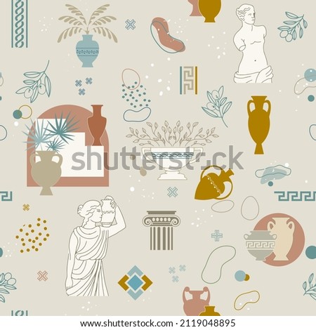 Seamless pattern of antique ancient Greek statues, jugs, amphorae, vases and column capitals. Vector abstract background with elements of Greek ornament.