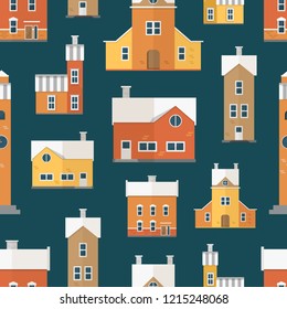 Seamless pattern with antique city buildings, clock towers. Backdrop with residential houses of old European architecture. Colored vector illustration in flat cartoon style for textile print.
