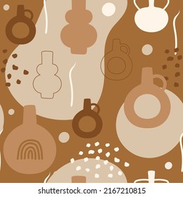 Seamless pattern with antique earthy vases, amphoras and abstract shapes. Editable vector illustration for wrapping paper, packaging, fabric, wallpaper etc. 