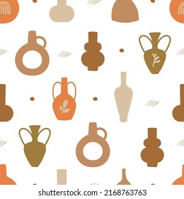 Seamless pattern with antique earthy vases, amphoras and abstract shapes. Editable vector illustration for wrapping paper, packaging, fabric, wallpaper etc. 