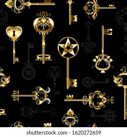 Seamless pattern of antique, gold and silhouette keys on black background.