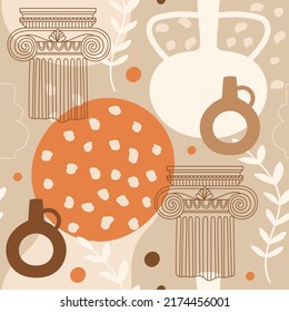 Seamless pattern with antique Greek column, amphoras, leaves and abstract shapes. Editable vector illustration for wrapping paper, packaging, fabric, wallpaper etc. 