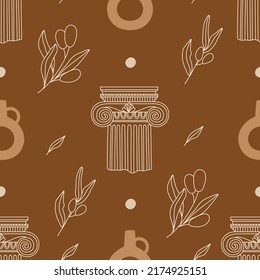 Seamless pattern with antique Greek column, amphoras, leaves and abstract shapes. Editable vector illustration for wrapping paper, packaging, fabric, wallpaper etc. 