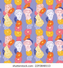 Seamless pattern with antique heads and floral background. Greek sculpture and mythology. Plaster bust of Venus and David in wild wildflowers. Vector background for any design.