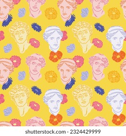Seamless pattern with antique heads and floral background. Greek sculpture and mythology. Plaster bust of Venus and David in wild wildflowers. Vector background for any design.