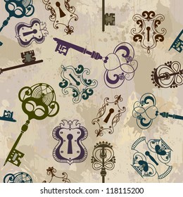 Seamless pattern with antique keys and keyholes