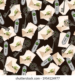 Seamless pattern with antique keys and letters . Suitable for textiles, fabric printing, paper printing, packaging.