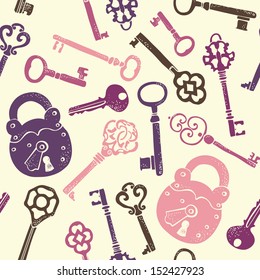 Seamless pattern with antique and modern keys and lock