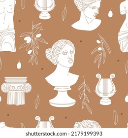 Seamless pattern with antique sculpture of Aphrodite, plants, lira and olive branch. Editable vector illustration for wrapping paper, packaging, fabric, wallpaper etc. 