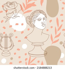 Seamless pattern with antique sculpture of Aphrodite, abstract shape, lira, rose and olive branch. Editable vector illustration for wrapping paper, packaging, fabric, wallpaper etc. 