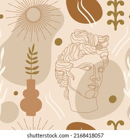 Seamless pattern with antique sculpture of Apollo, abstract terracotta shape, plants, vases and sun symbol. Editable vector illustration for wrapping paper, packaging, fabric, wallpaper etc. 