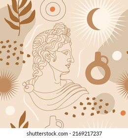 Seamless pattern with antique sculpture of Apollo, abstract terracotta shape, plants, vases and sun symbol. Editable vector illustration for wrapping paper, packaging, fabric, wallpaper etc. 