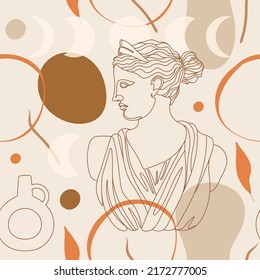 Seamless pattern with antique sculpture of Artemis, abstract terracotta shape, plants, vases and moon symbol. Editable vector illustration for wrapping paper, packaging, fabric, wallpaper etc. 